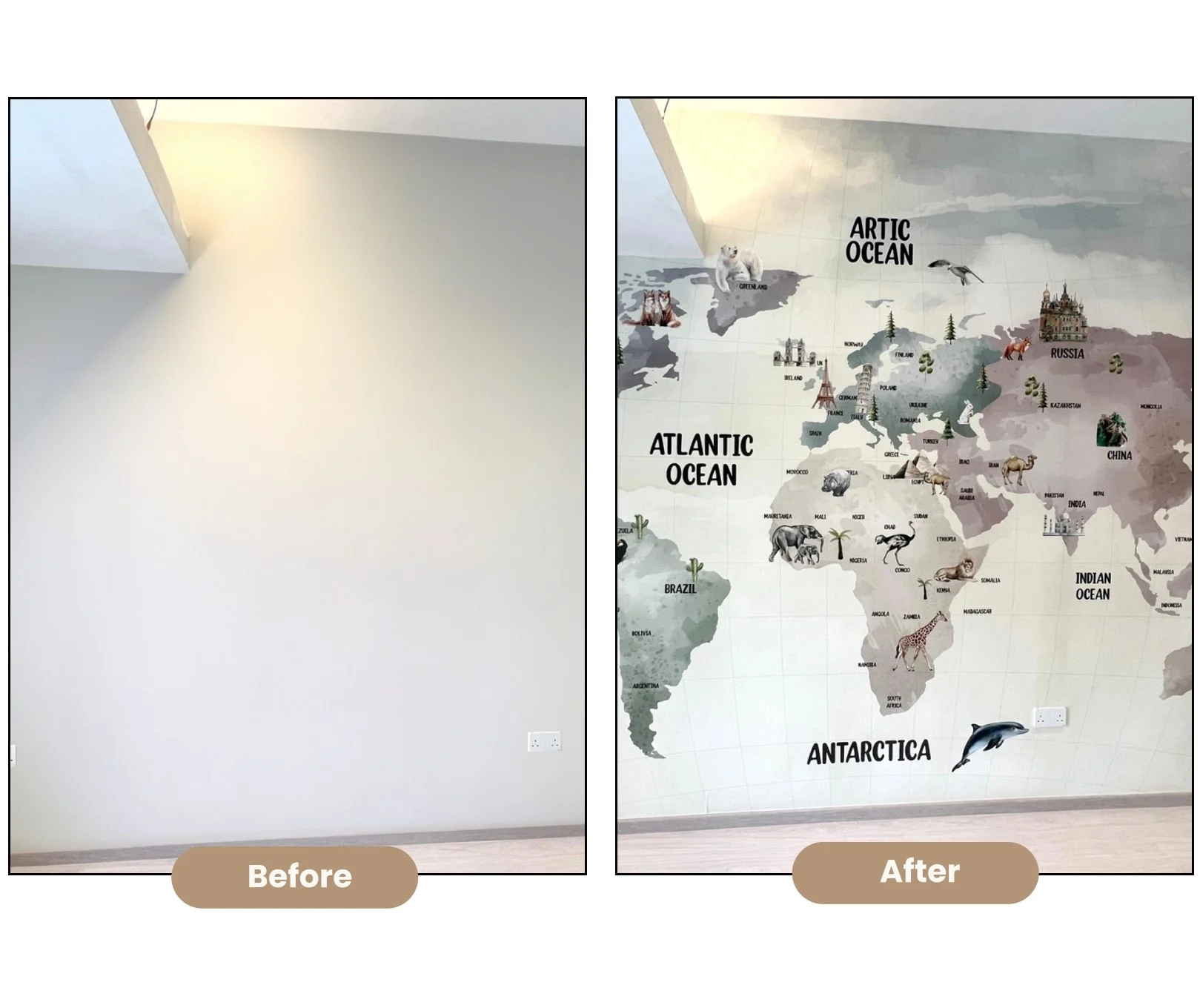 Plain wall transformed with illustrated world map mural